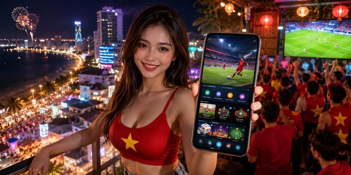 Người dùng trải nghiệm ứng dụng casino tại chợ đêm Nha Trang với ánh đèn rực rỡ